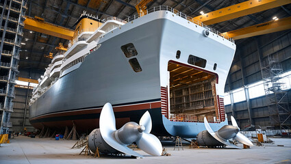 Large luxury yacht construction in shipyard with visible propellers and hull details