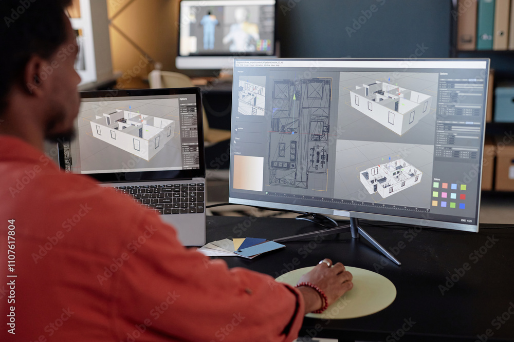 Poster person analyzing architectural designs on computer screens at office workspace, focusing on detailed