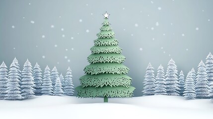 Fototapeta premium Christmas tree in paper cut style Merry Christmas text calligraphic lettering winter forest background