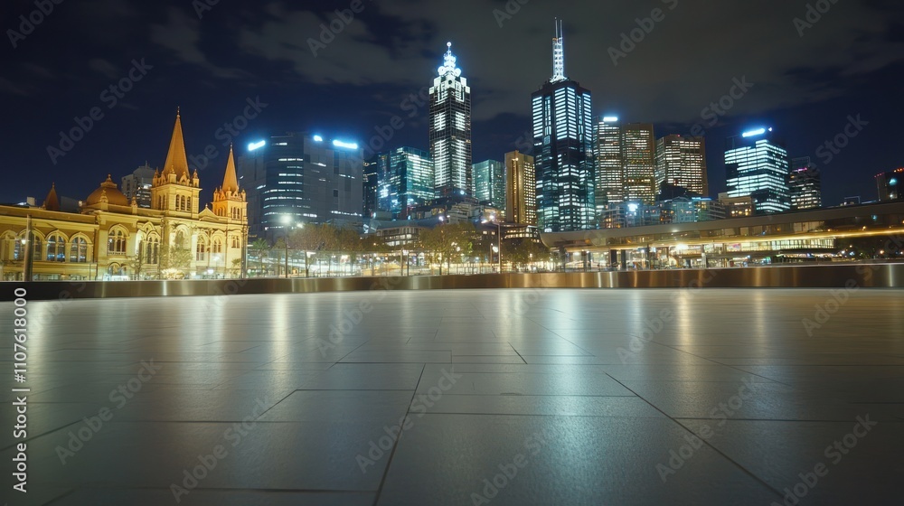 Poster night view of a city skyline with modern buildings and historical architecture by a waterfront.