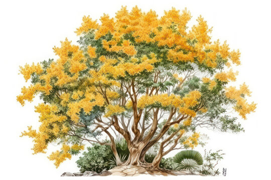 Watercolor painting of a tree with yellow flowers on a white background