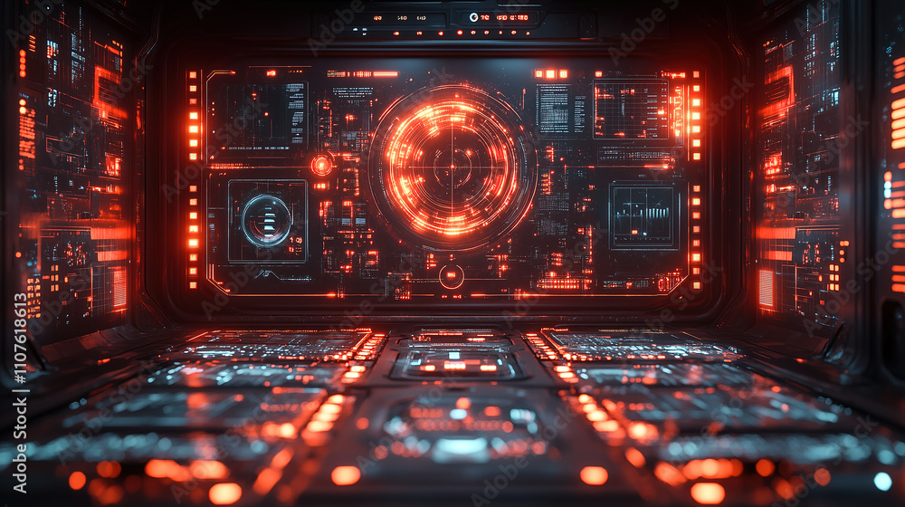 Poster futuristic control room with glowing red interfaces and advanced technology at nighttime. generative