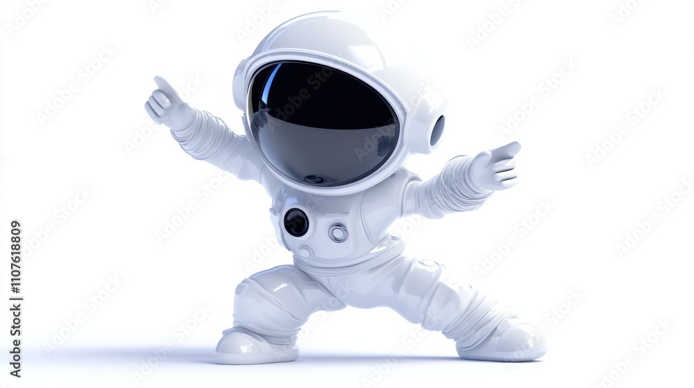 Poster a playful astronaut figure striking a dynamic pose against a white background.