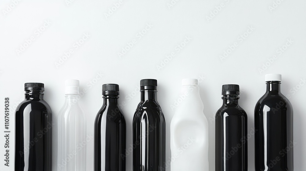 Poster a collection of black and white plastic bottles on a clean white backdrop, ideal for product adverti