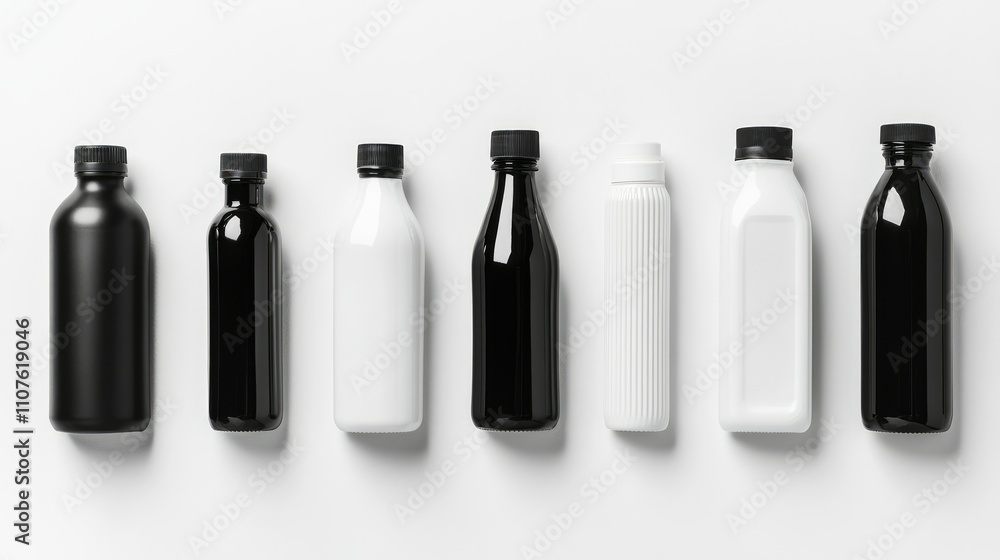 Poster a collection of black and white plastic bottles on a clean white backdrop, ideal for product adverti