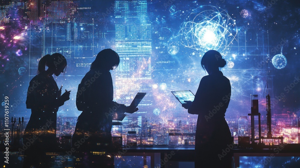 Poster silhouettes of scientists working with technology against a cosmic background.
