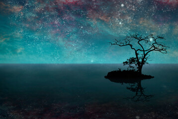 Fantastic landscape with a lone tree on an island in the middle of a lake at night under a starry...