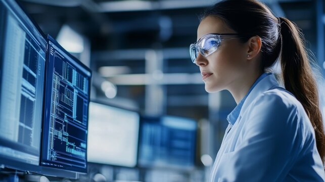 In a high-tech office, a woman wearing glasses focuses intently on multiple computer screens displaying data and code. The atmosphere reflects innovation and technology, showcasing her expertise.