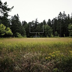 Obraz premium Faded football field with overgrown grass and weeds, surrounded by tall trees, foliage, stadium, grass, neglect, decay