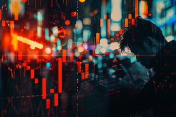 A Depressed Stock Market Trader Reflects Amidst Double Exposure of Financial Data and Urban Nightscape Highlighting Market Challenges