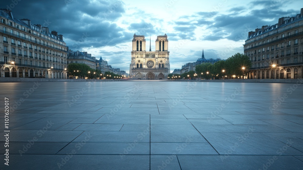 Aufkleber a serene view of a historic cathedral at dawn, surrounded by empty streets and soft lighting.