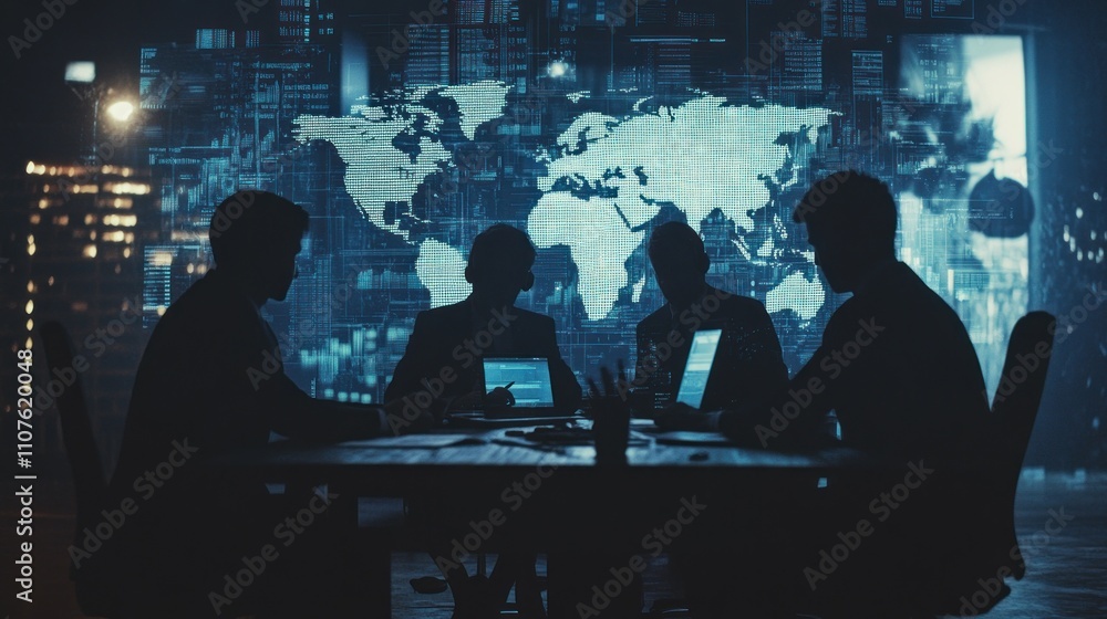 Poster a group of silhouettes in a meeting, discussing data against a digital world map backdrop.