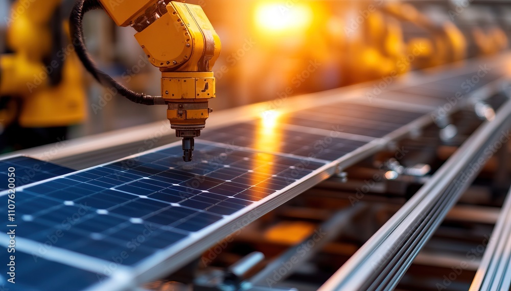 Poster a robotic arm is assembling solar panels on a production line, highlighting automation in renewable 