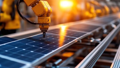 A robotic arm is assembling solar panels on a production line, highlighting automation in renewable energy manufacturing.