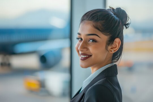 Indian Stewardess Posing with a Bright Smile at the Airport Near Airplane in the Background Capturing a Professional and Friendly Atmosphere