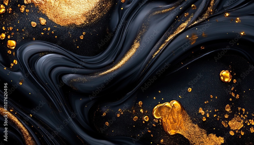 Poster a mesmerizing abstract design featuring swirling black and gold elements, creating a luxurious and d