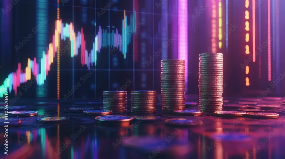 Aufkleber a dynamic scene showing stacks of coins with a financial graph, illustrating the concept of increasi
