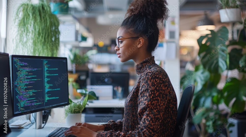Poster a woman is focused on coding at her computer in a contemporary office.