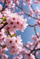 Naklejka premium Close-up of pink cherry blossoms on a blurred background, freshness, bloom, romantic
