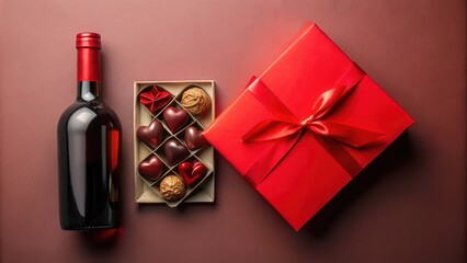Romantic Valentine's Day Gift Set Featuring Wine, Chocolates, and a Red Box with a Bow