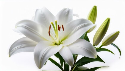 Single pure white lily head on isolated white background