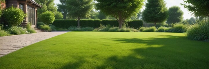Beautiful garden with freshly cut green grass, mowed lawn, backyard, green lawn