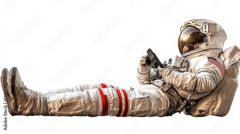 Poster an astronaut reclining while using a device, showcasing space exploration and technology.