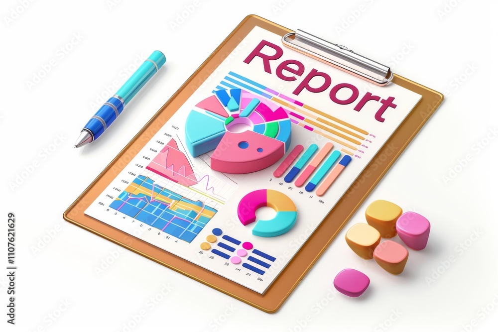 Aufkleber colorful 3d business report design featuring graphs and charts on a clipboard, ideal for visual data