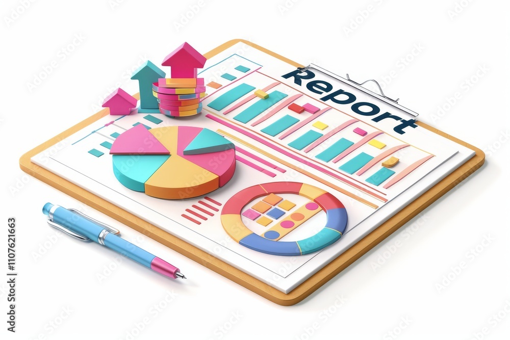 Aufkleber colorful 3d design illustration of business report with pie charts, bar graphs, and data visualizati