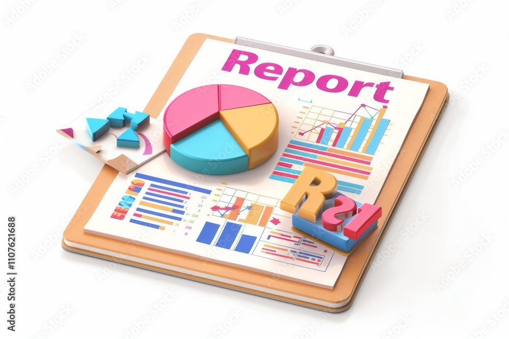 Poster colorful 3d design of business report with charts and graphs on clipboard featuring pie chart, bar g