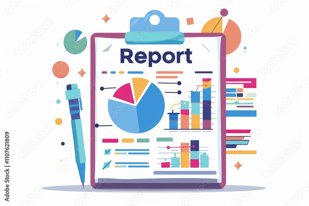 Poster colorful flat design illustration of a business report featuring graphs, charts, and data visualizat