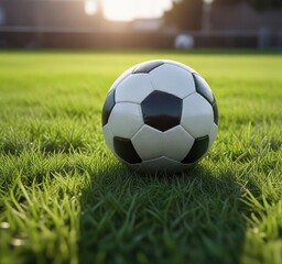 Fototapeta premium Close-up of soccer ball on freshly mowed grass field, football, hobby, grass field