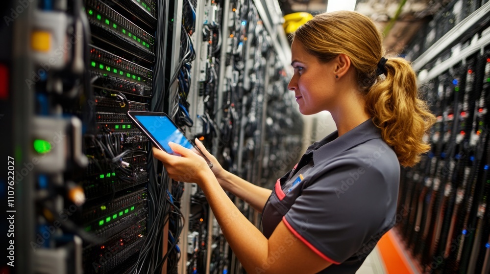 Aufkleber a woman is focused on her tablet as she navigates through servers in a busy data center. bright ligh