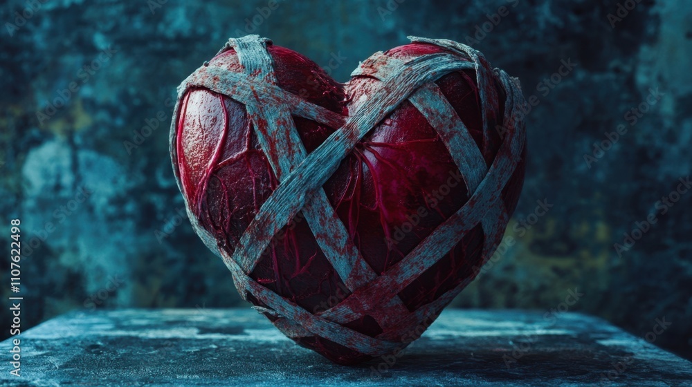 Poster heart shaped object wrapped in straps on dark textured background
