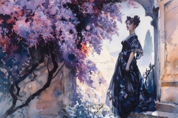woman in a black long evening dress among blooming lilacs., watercolor style 