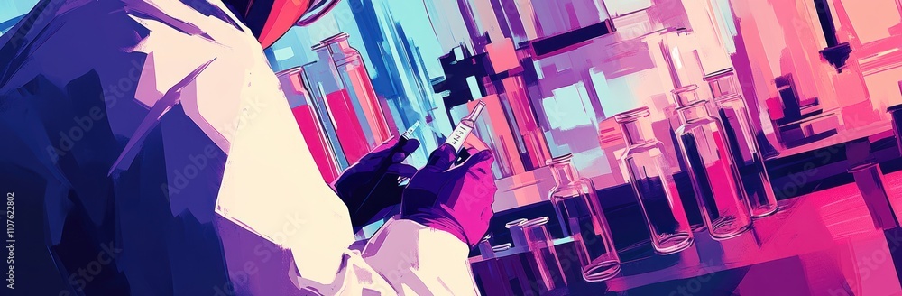 Poster a scientist in a lab coat prepares a sample in a colorful laboratory setting.