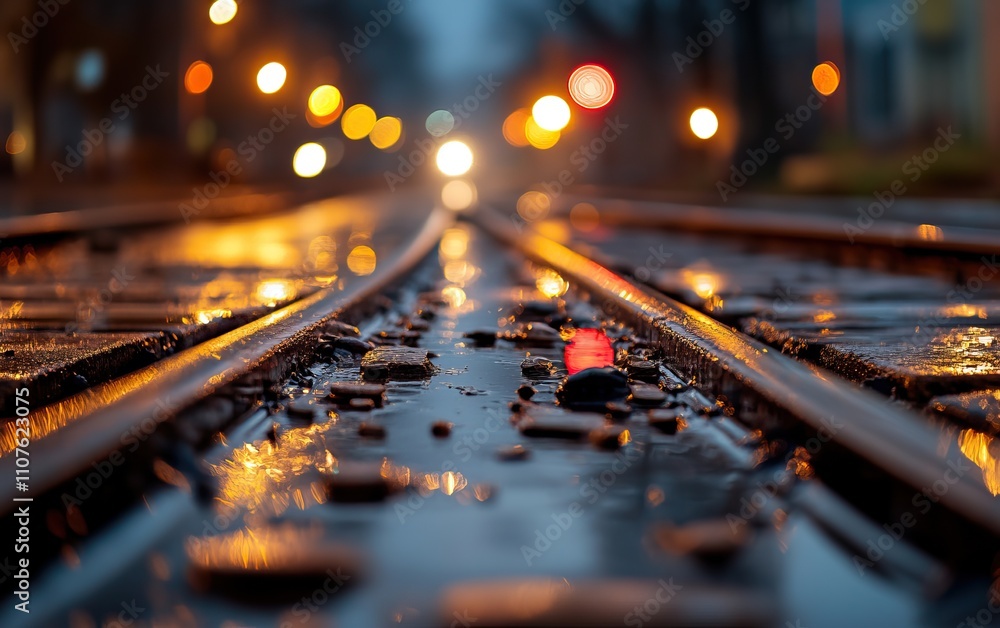 Poster a close-up view of wet railway tracks reflecting city lights, creating a moody atmosphere with a blu