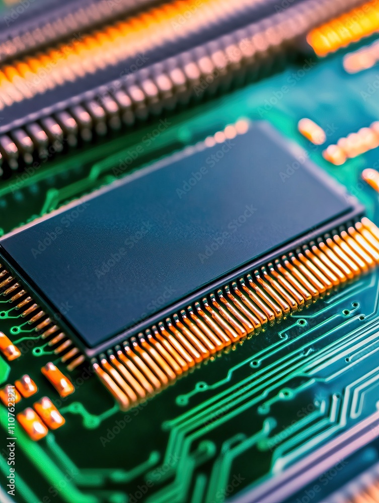 Poster a close-up of a green circuit board featuring a prominent black microchip surrounded by golden conne