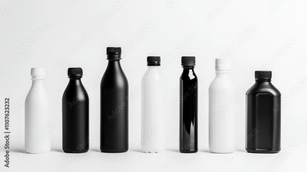 Poster A set of black and white plastic bottles in different shapes and sizes, isolated on a clean white background, perfect for product display and branding with ample copy space