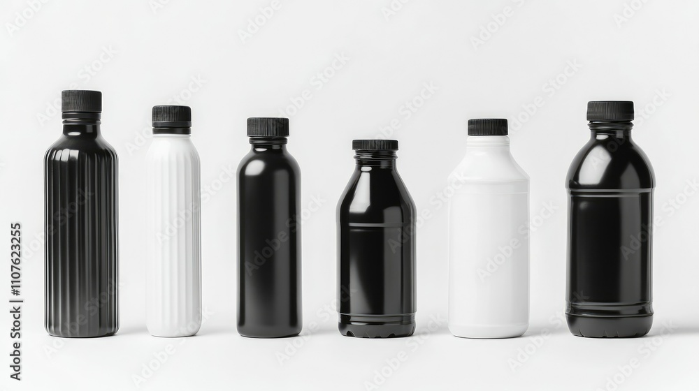 Poster A set of black and white plastic bottles in different shapes and sizes, isolated on a clean white background, perfect for product display and branding with ample copy space