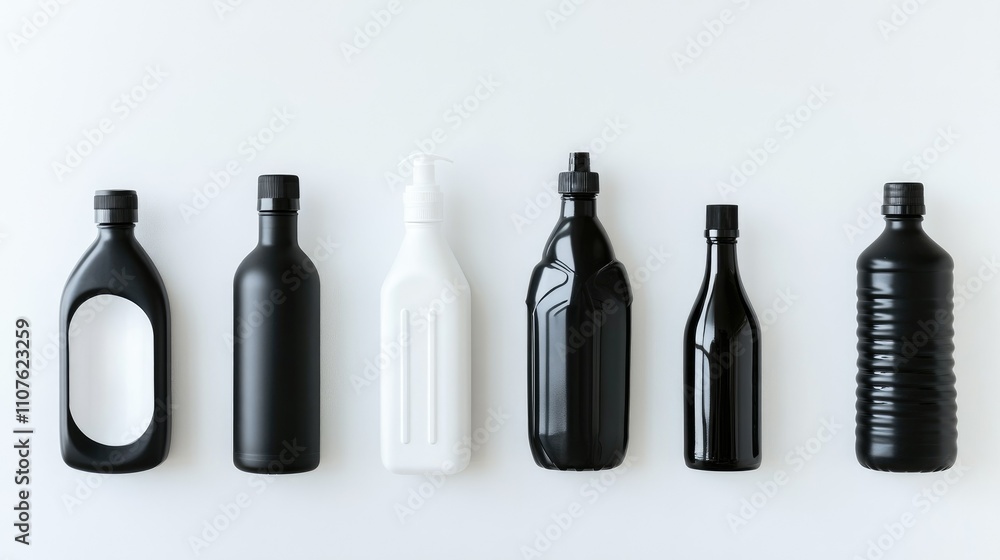 Poster a set of black and white plastic bottles with varying shapes and sizes, isolated on a clean white ba
