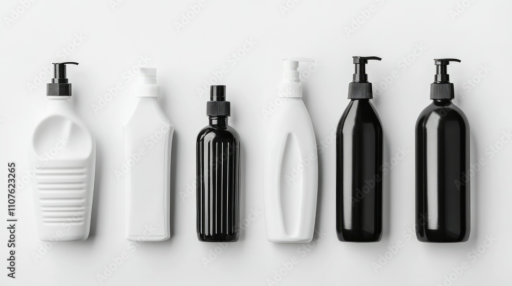 Poster A set of black and white plastic bottles in different shapes and sizes, isolated on a clean white background, perfect for product display and branding with ample copy space