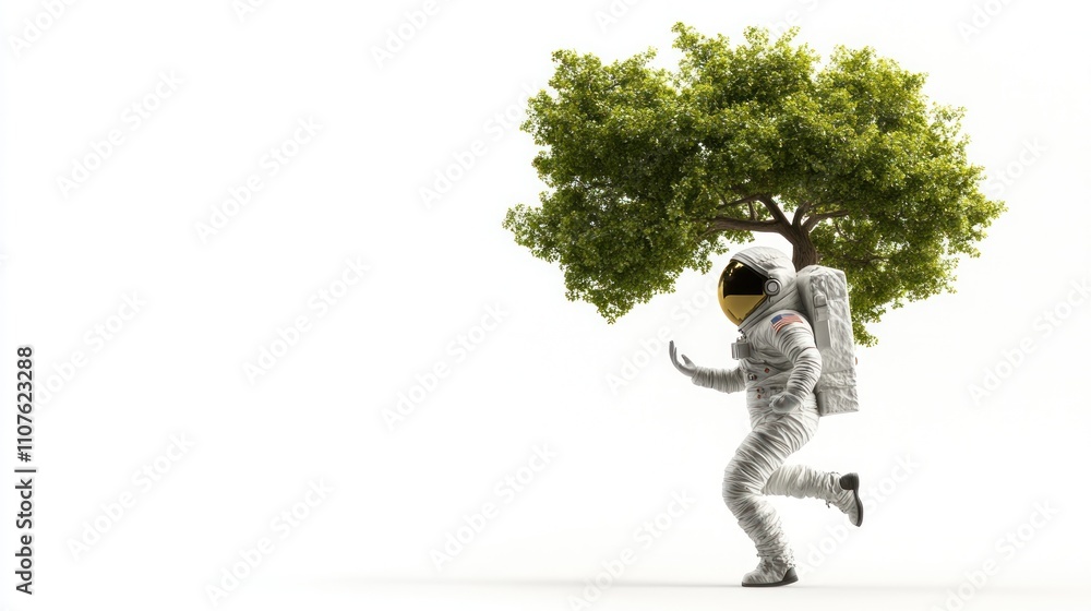 Poster an astronaut with a tree for a head runs playfully, symbolizing nature and exploration.