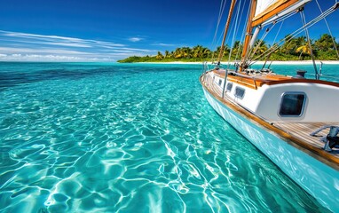Fototapeta premium A beautiful sailboat glides over crystal-clear turquoise waters, surrounded by lush greenery and a bright blue sky.