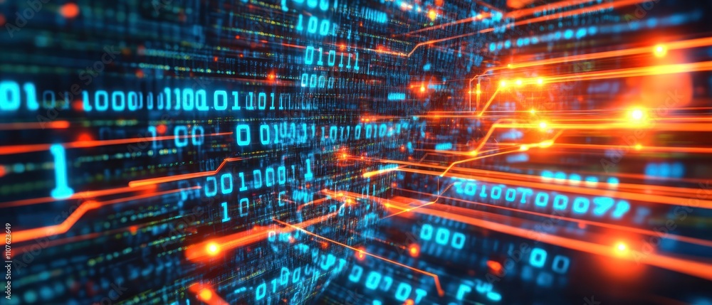 Poster abstract digital landscape featuring binary code and glowing circuits.
