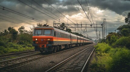 Obraz premium A sleek Indian train gliding along the tracks beneath a cloudy white sky, symbolizing the strength and speed of India's rail network