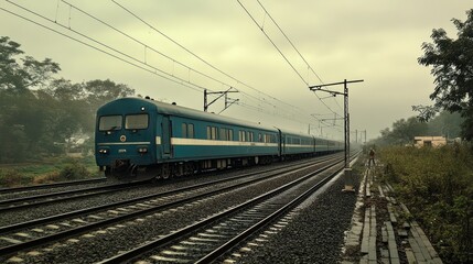 Obraz premium A sleek Indian train gliding along the tracks beneath a cloudy white sky, symbolizing the strength and speed of India's rail network