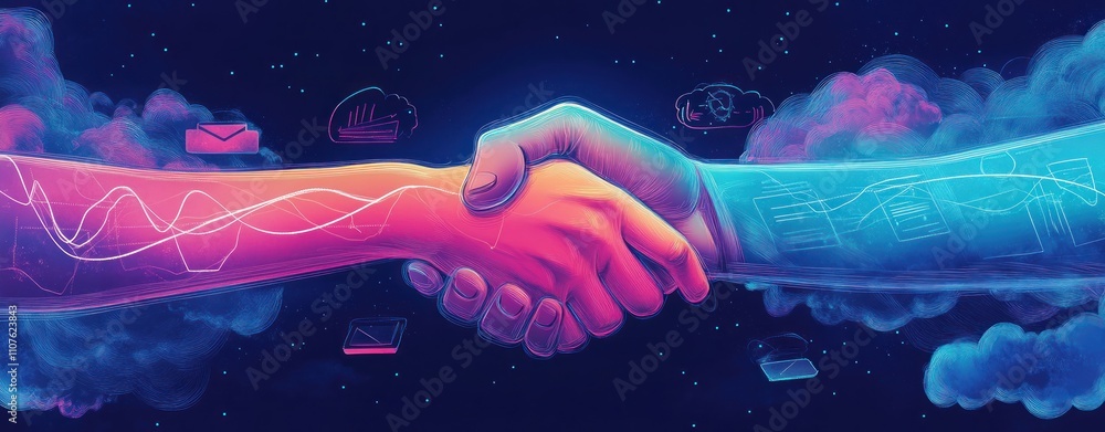 Poster A digital handshake symbolizes collaboration and connection in a tech-driven world.