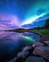 A mesmerizing twilight scene showcasing a vibrant sky filled with stars, softly mirrored on calm waters, framed by rocky shores and lush greenery, creating a serene atmosphere.