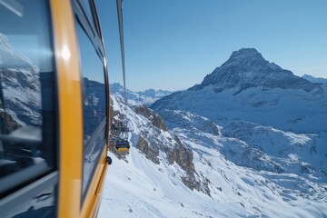 A thrilling cable car ride amidst breathtaking snow-covered mountains, offering stunning panoramic views that evoke a sense of adventure and exploration.
